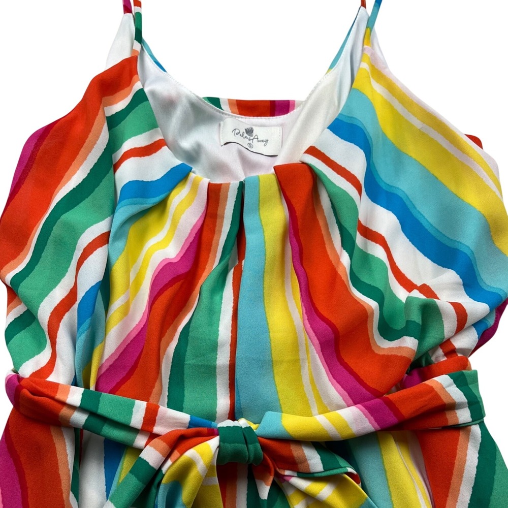 Palms Away Rainbow Striped Maxi Dress Womens Small Multicolor Sleeveless Belted